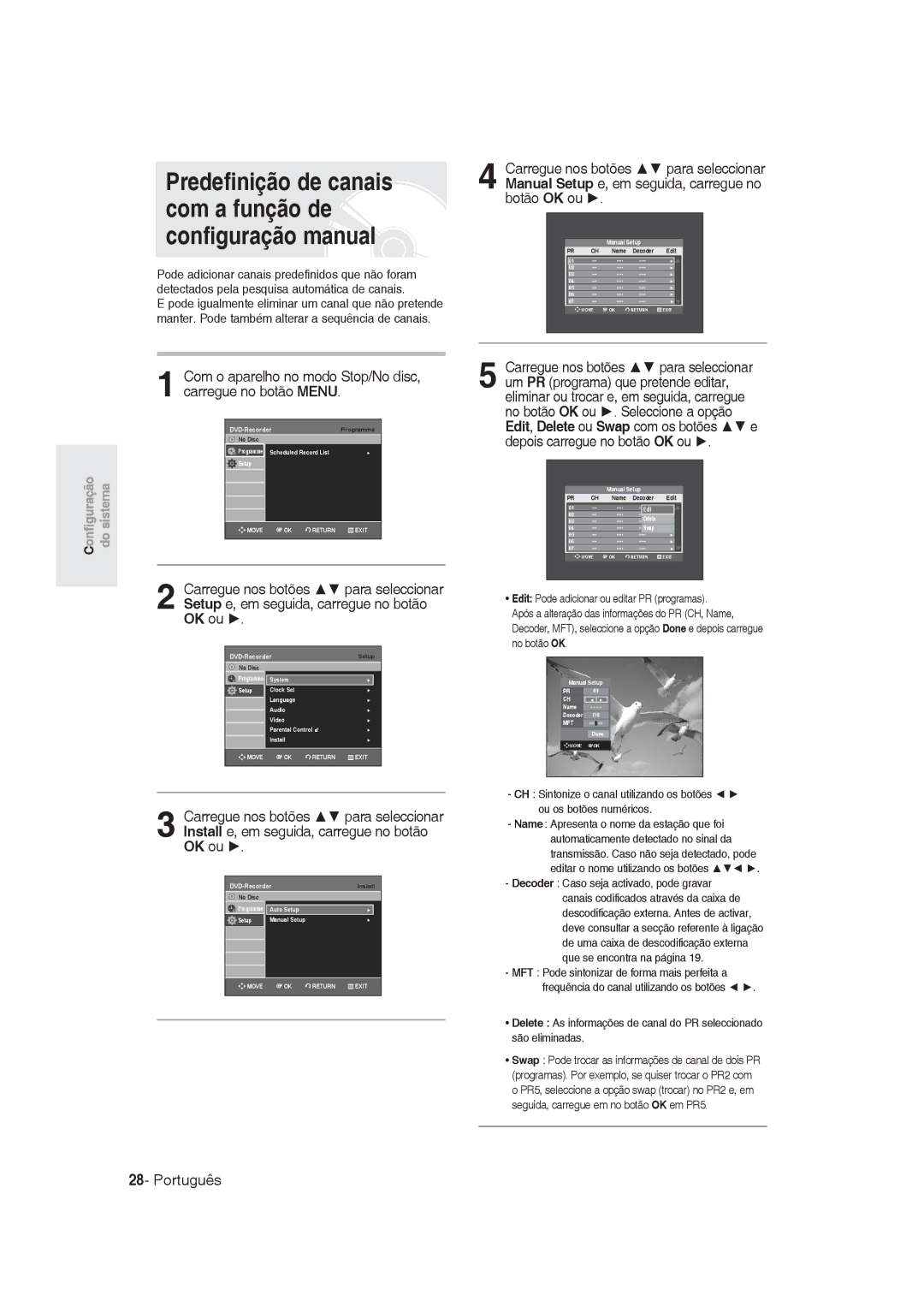 Samsung DVD-R128/EUR Predefinição de canais com a função de configuração manual, Decoder Caso seja activado, pode gravar 