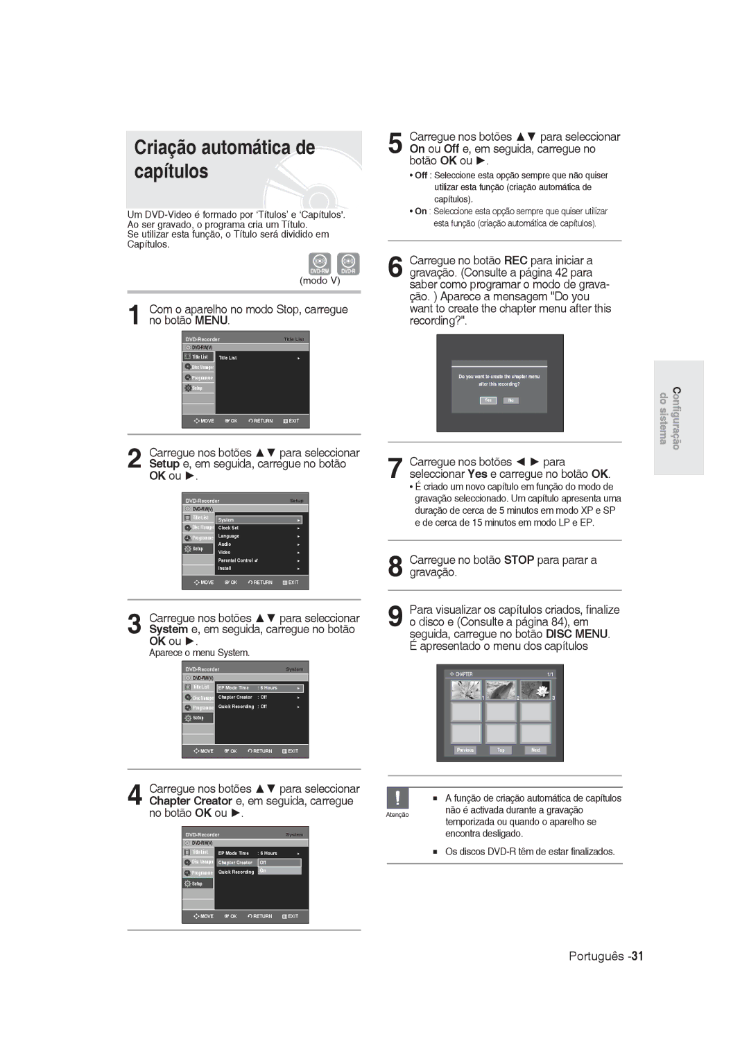 Samsung DVD-R128/XET, DVD-R128/XEG Criação automática de capítulos, Com o aparelho no modo Stop, carregue no botão Menu 