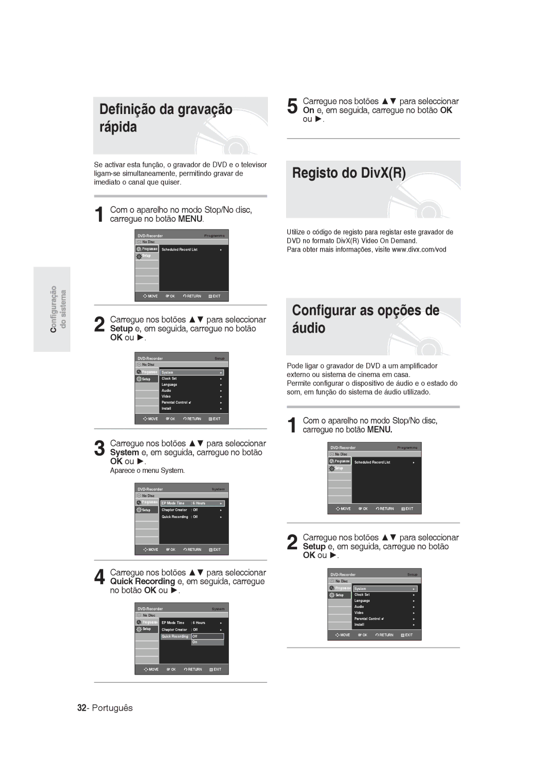 Samsung DVD-R128/XEG, DVD-R128/XET manual Definição da gravação rápida, Registo do DivXR, Configurar as opções de áudio 