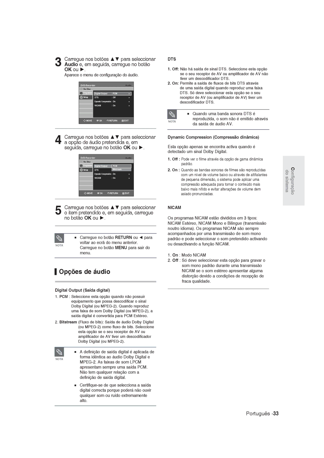 Samsung DVD-R129/XEG, DVD-R128/XET, DVD-R128/XEG manual Opções de áudio, Digital Output Saída digital, Da saída de áudio AV 