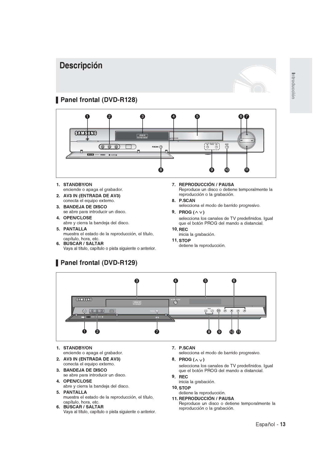 Samsung DVD-R129/XEN, DVD-R128/XET, DVD-R128/XEG, DVD-R129/XEG Descripción, Panel frontal DVD-R128, Panel frontal DVD-R129 