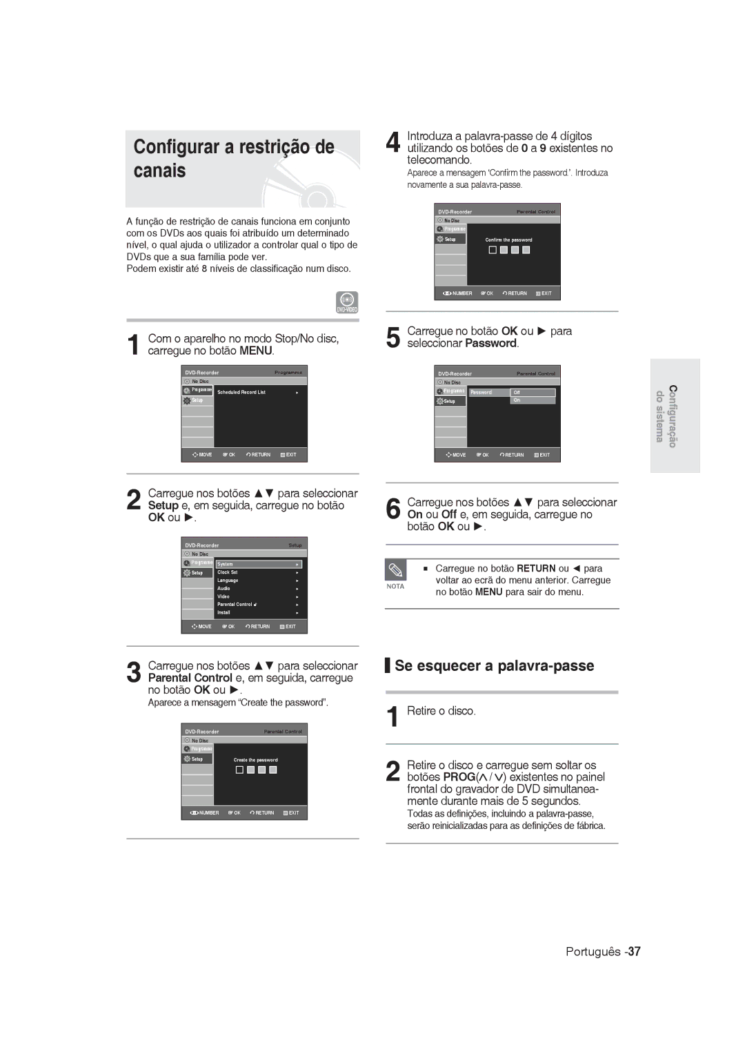 Samsung DVD-R129/XEF, DVD-R128/XET manual Configurar a restrição de canais, Se esquecer a palavra-passe, Retire o disco 