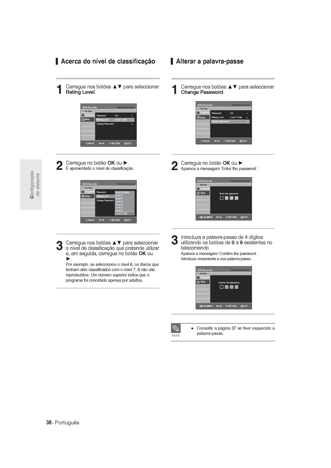 Samsung DVD-R128/XEF, DVD-R128/XET Acerca do nível de classificação, Carregue nos botões para seleccionar Rating Level 