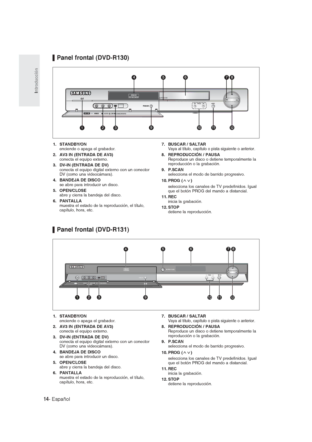 Samsung DVD-R129/XEH, DVD-R128/XET, DVD-R128/XEG, DVD-R129/XEG, DVD-R129/XEB Panel frontal DVD-R130, Panel frontal DVD-R131 