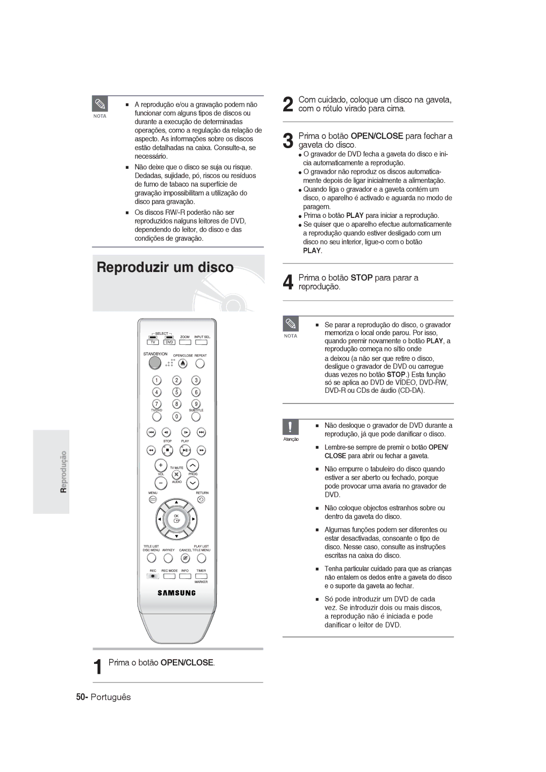 Samsung DVD-R130/XEC manual Reproduzir um disco, Prima o botão Stop para parar a reprodução, Prima o botão OPEN/CLOSE 