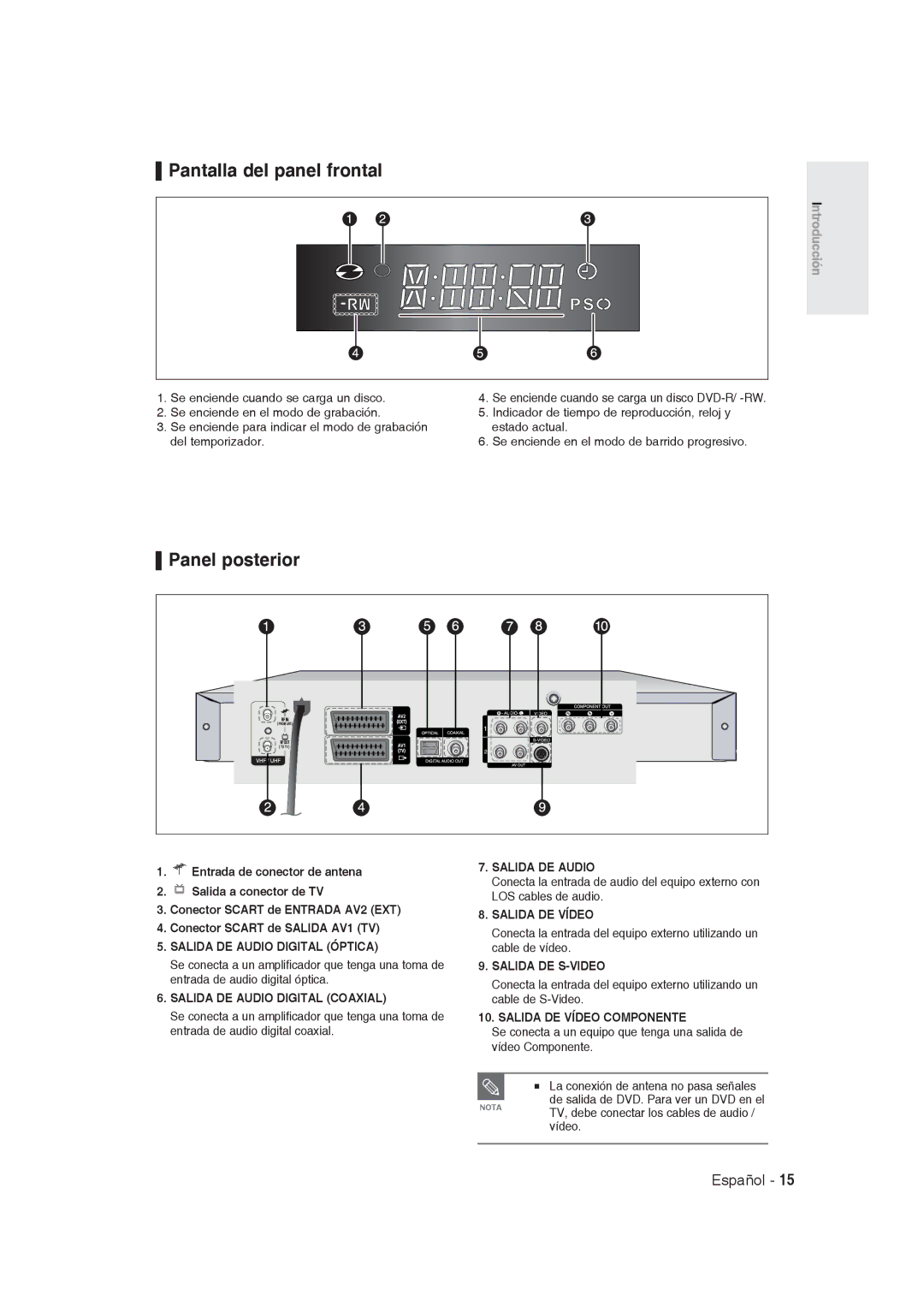 Samsung DVD-R129/XEE manual Pantalla del panel frontal, Panel posterior, NOTATV, debe conectar los cables de audio / vídeo 