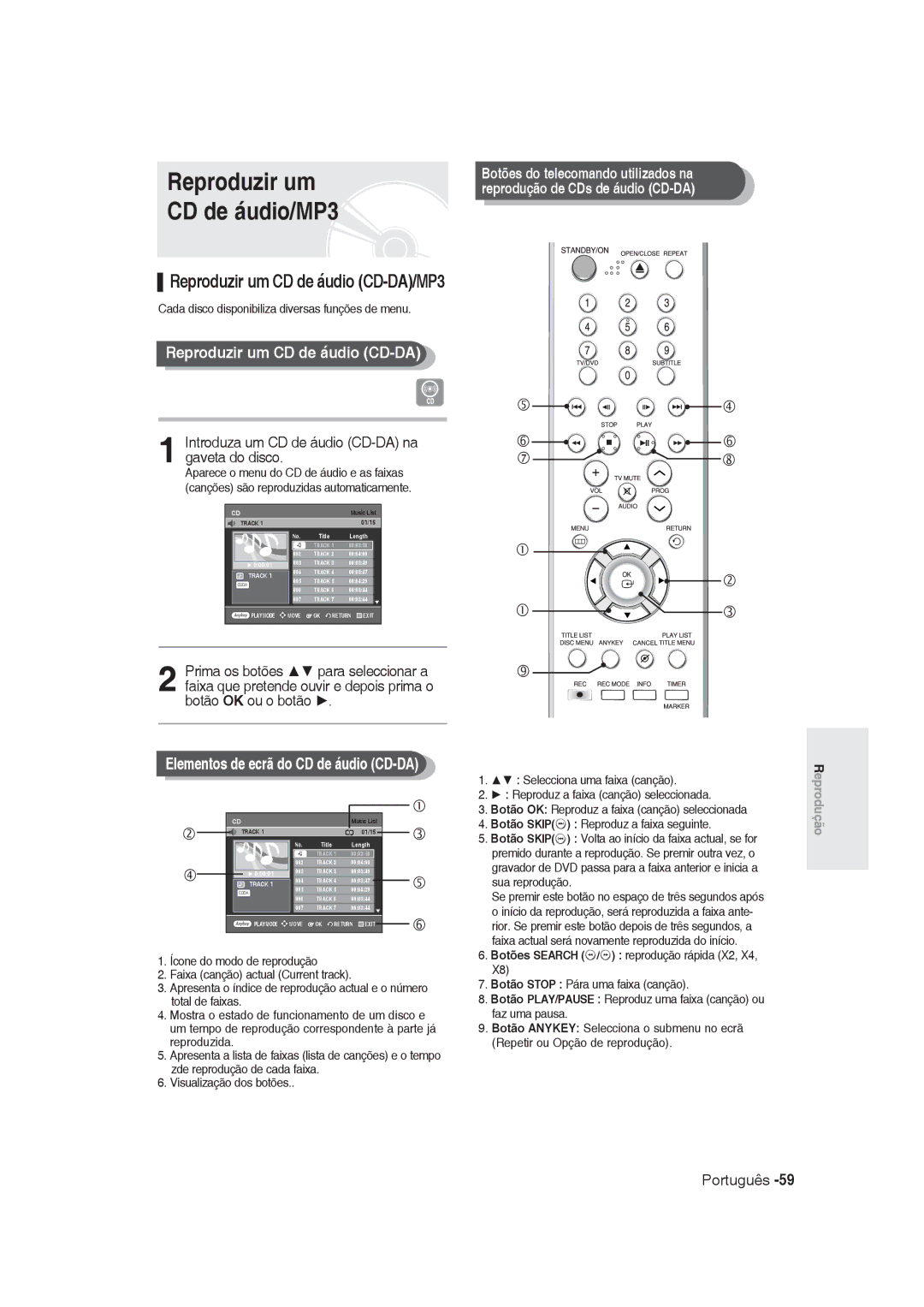 Samsung DVD-R129/XEB, DVD-R128/XET, DVD-R128/XEG Reproduzir um CD de áudio/MP3, Reproduzir um CD de áudio CD-DA/MP3 