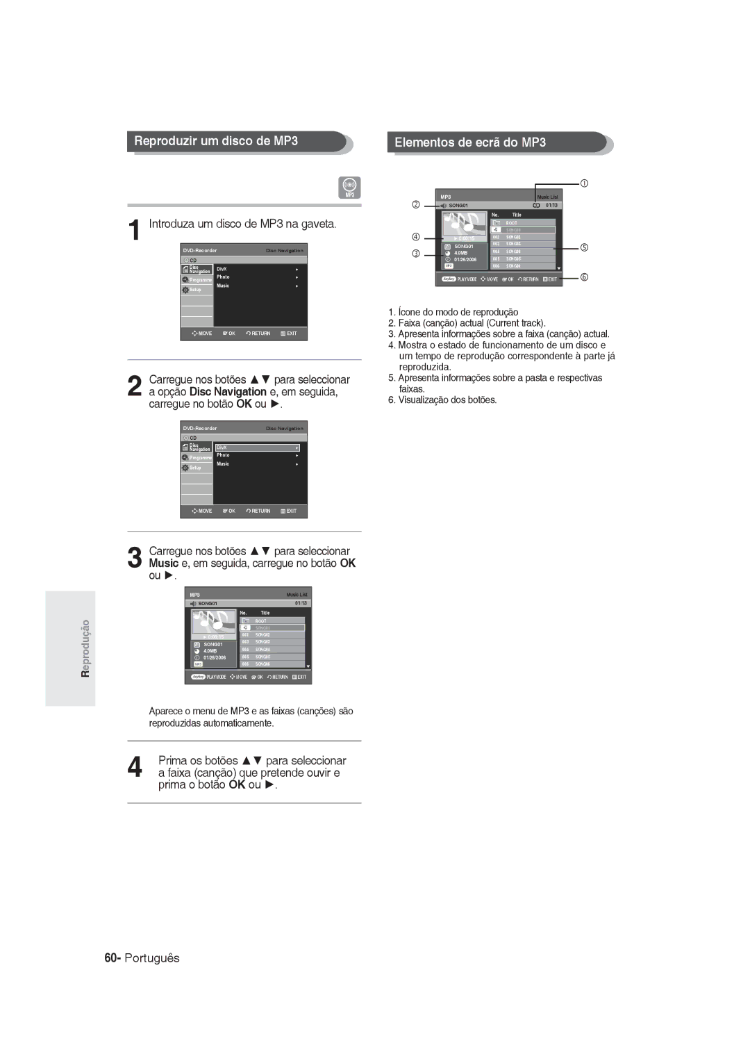 Samsung DVD-R130/XEG manual Reproduzir um disco de MP3, Elementos de ecrã do MP3, Introduza um disco de MP3 na gaveta 