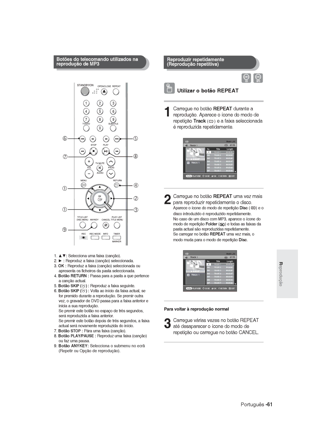 Samsung DVD-R128/XEB, DVD-R128/XET, DVD-R128/XEG, DVD-R129/XEG, DVD-R129/XEB manual Utilizar o botão Repeat, Reprodução de MP3 