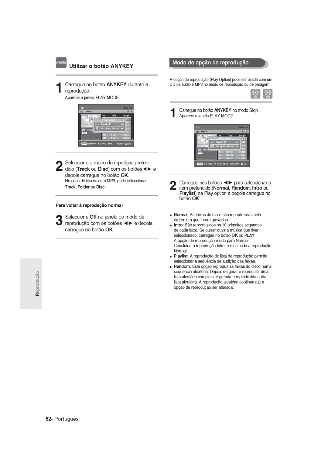 Samsung DVD-R129/XEF Modo de opção de reprodução, Carregue no botão Anykey durante a reprodução, Track, Folder ou Disc 