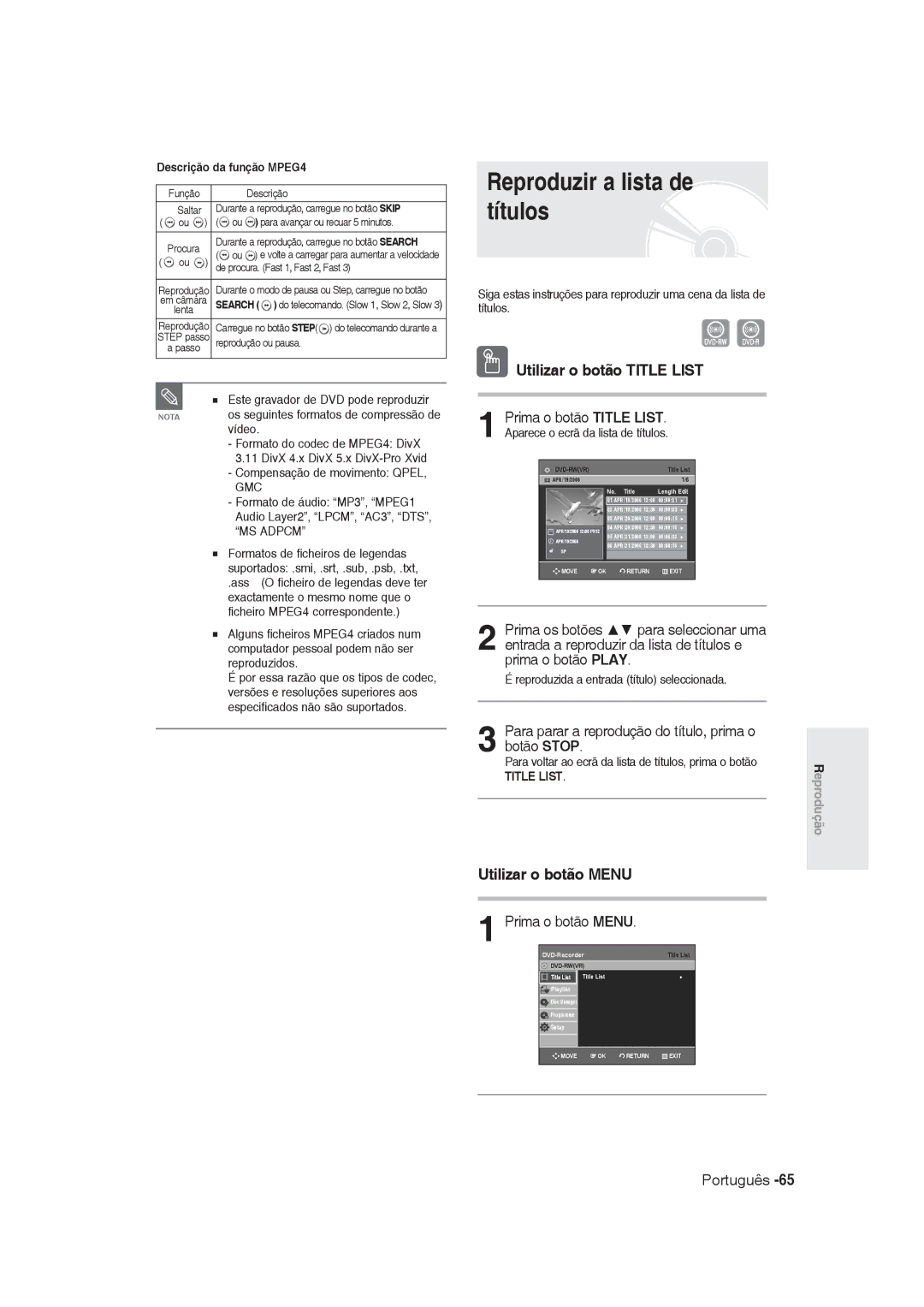 Samsung DVD-R129/XEO Reproduzir a lista de títulos, Utilizar o botão Title List, Utilizar o botão Menu, Prima o botão Menu 