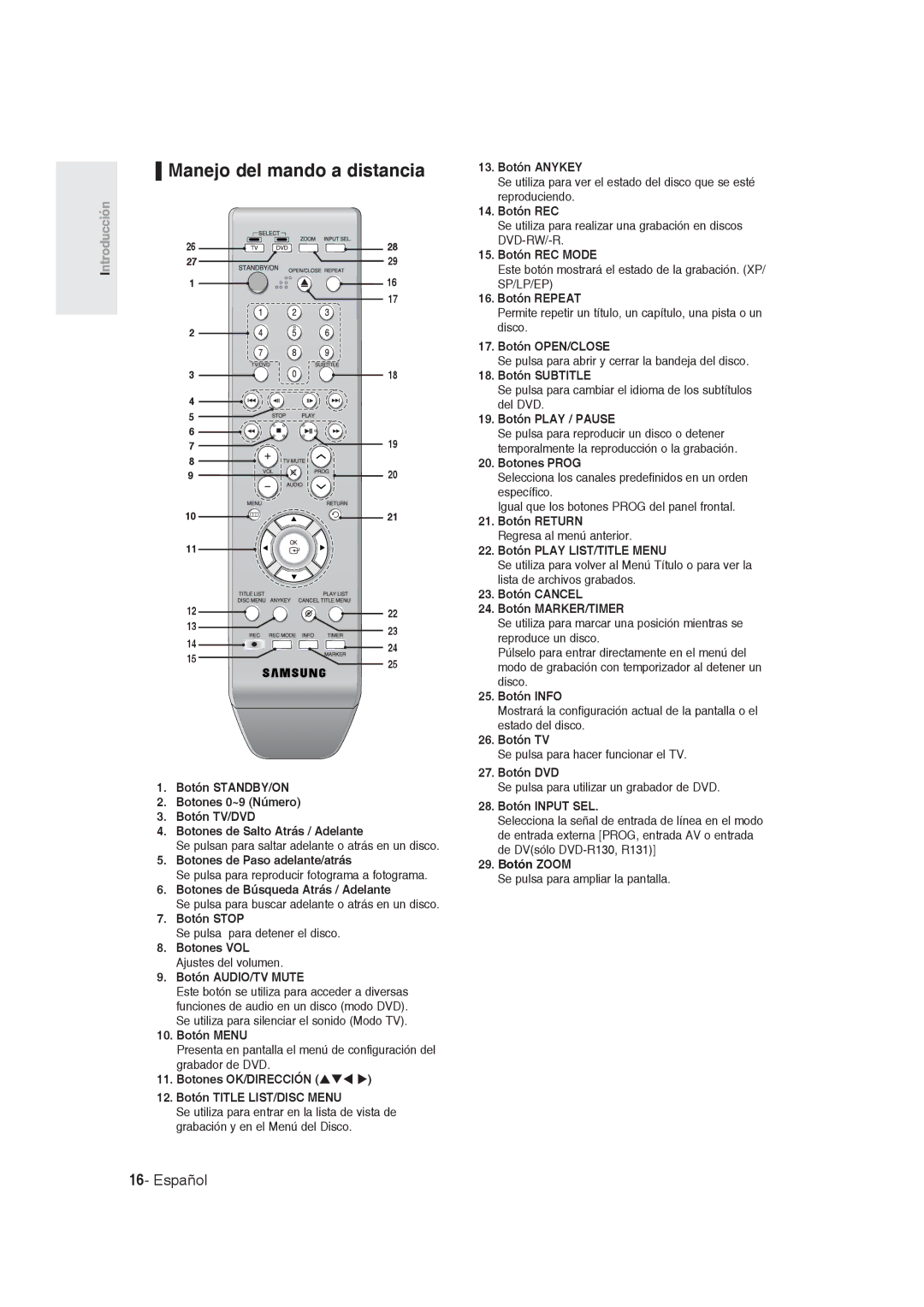 Samsung DVD-R130/XEO, DVD-R128/XET, DVD-R128/XEG, DVD-R129/XEG, DVD-R129/XEB, DVD-R130/XEG manual Manejo del mando a distancia 