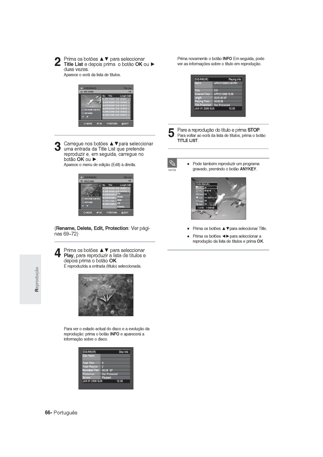 Samsung DVD-R129/EUR manual Rename, Delete, Edit, Protection Ver pági, Nas 69~72, Pode também reproduzir um programa 