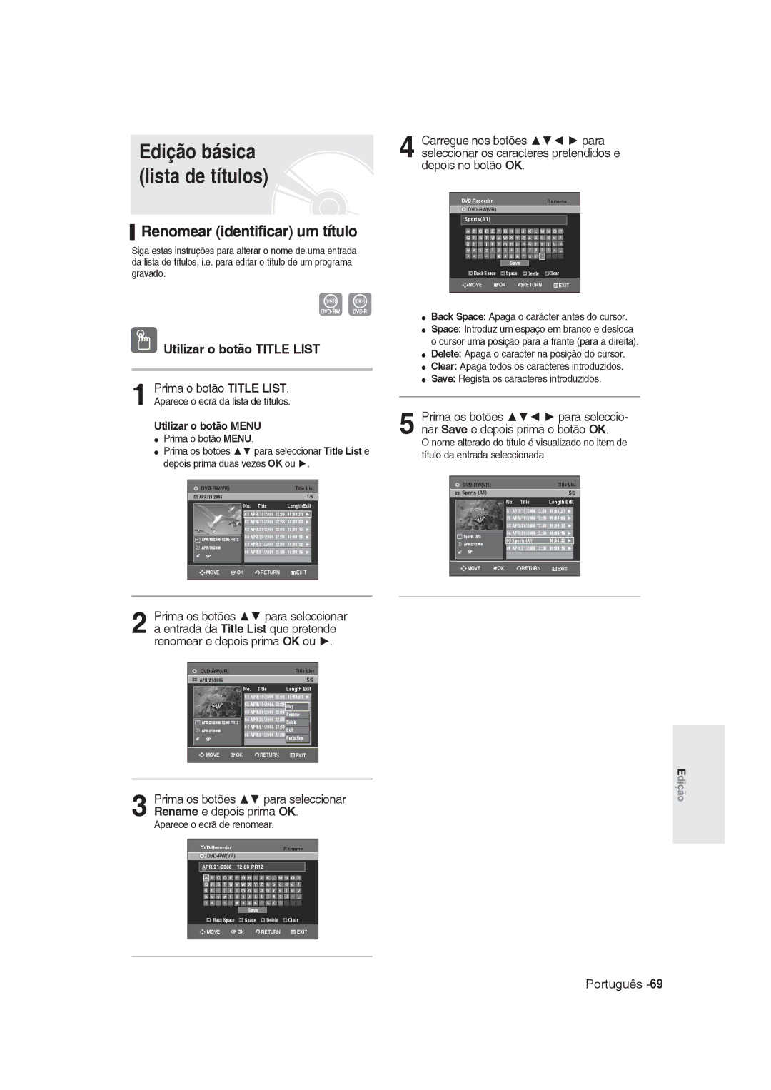 Samsung DVD-R129/XEN, DVD-R128/XET Edição básica lista de títulos, Renomear identificar um título, Utilizar o botão Menu 