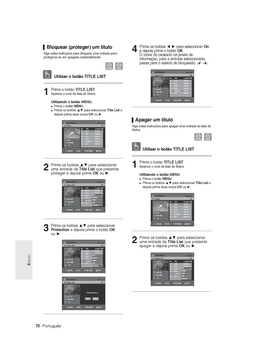 Samsung DVD-R129/XEH, DVD-R128/XET, DVD-R128/XEG Bloquear proteger um título, Apagar um título, Utilizando o botão Menu 