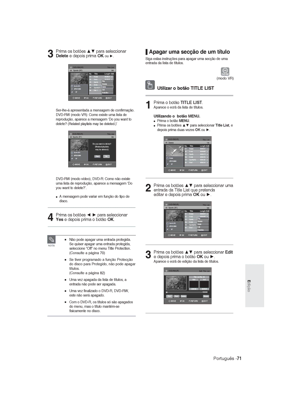 Samsung DVD-R129/XEE manual Apagar uma secção de um título, Não pode apagar uma entrada protegida, Consulte a página 