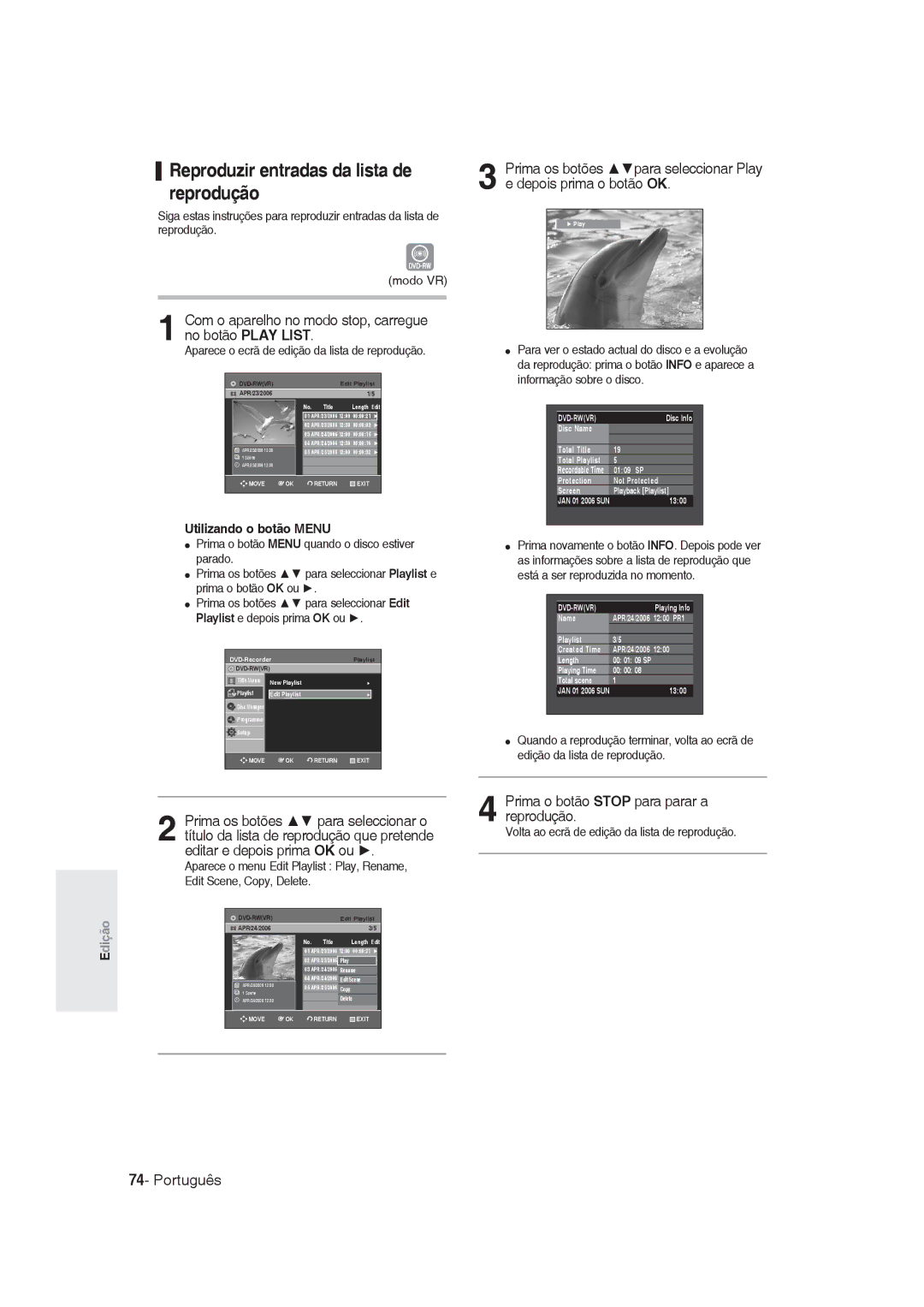 Samsung DVD-R130/XEU manual Reproduzir entradas da lista de, Reprodução, Depois prima o botão OK, Informação sobre o disco 