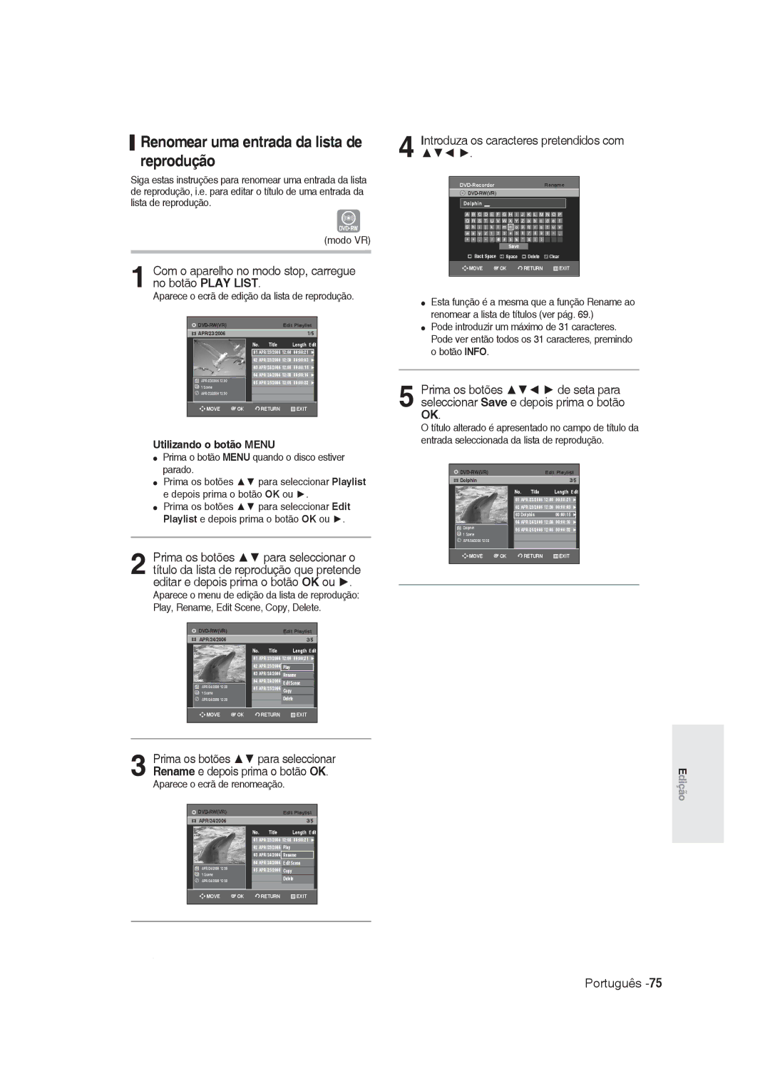 Samsung DVD-R130/XEC, DVD-R128/XET Renomear uma entrada da lista de reprodução, Introduza os caracteres pretendidos com 