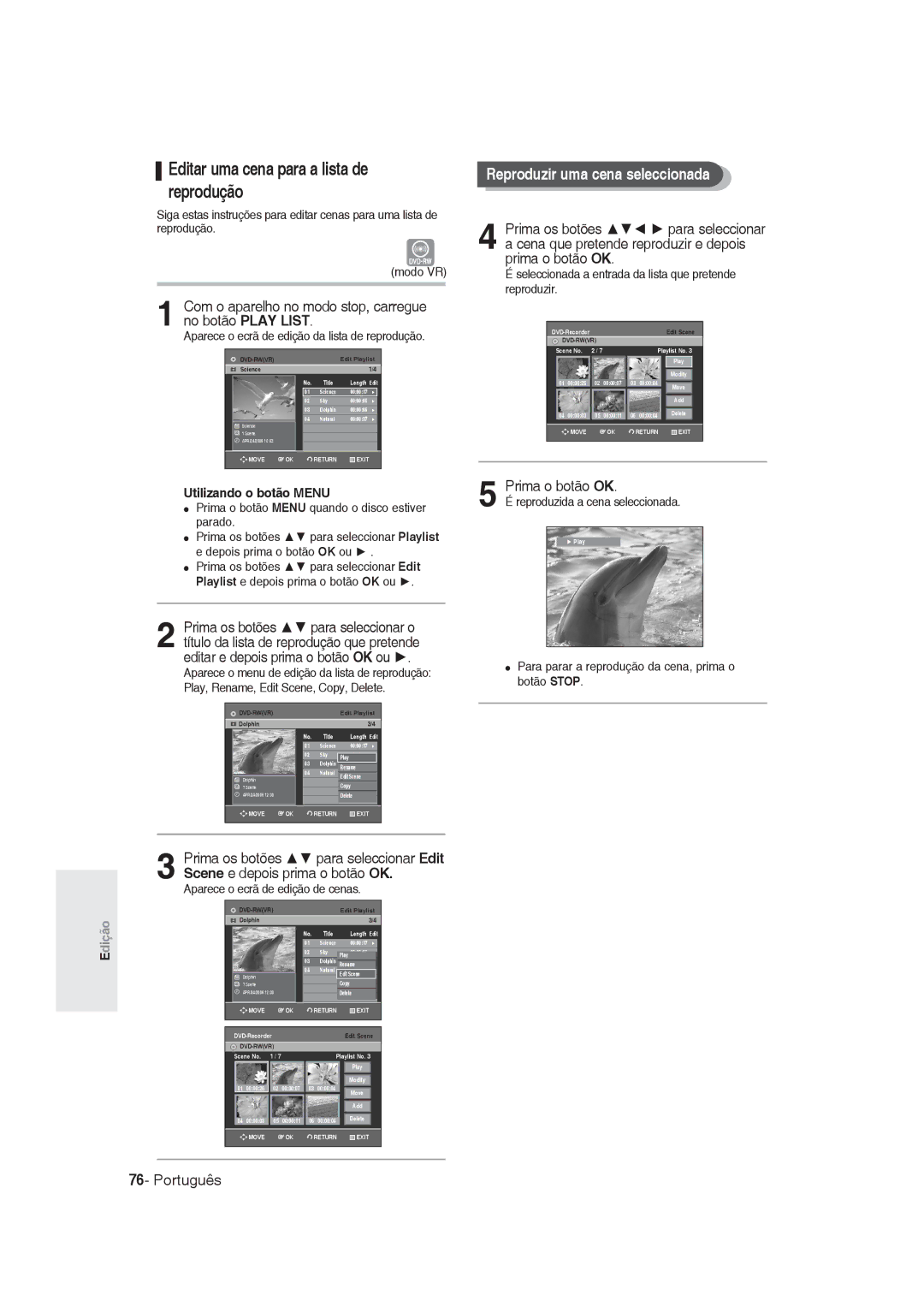 Samsung DVD-R129/XEC, DVD-R128/XET manual Editar uma cena para a lista de reprodução, Reproduzir uma cena seleccionada 