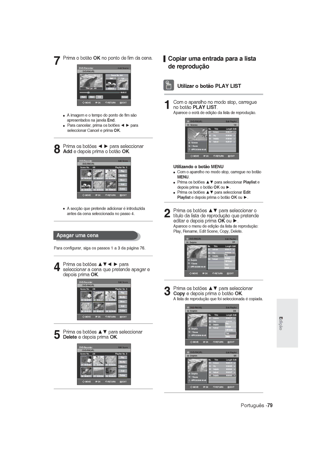 Samsung DVD-R130/XEB manual Copiar uma entrada para a lista de reprodução, Apagar uma cena, Utilizar o botão Play List 