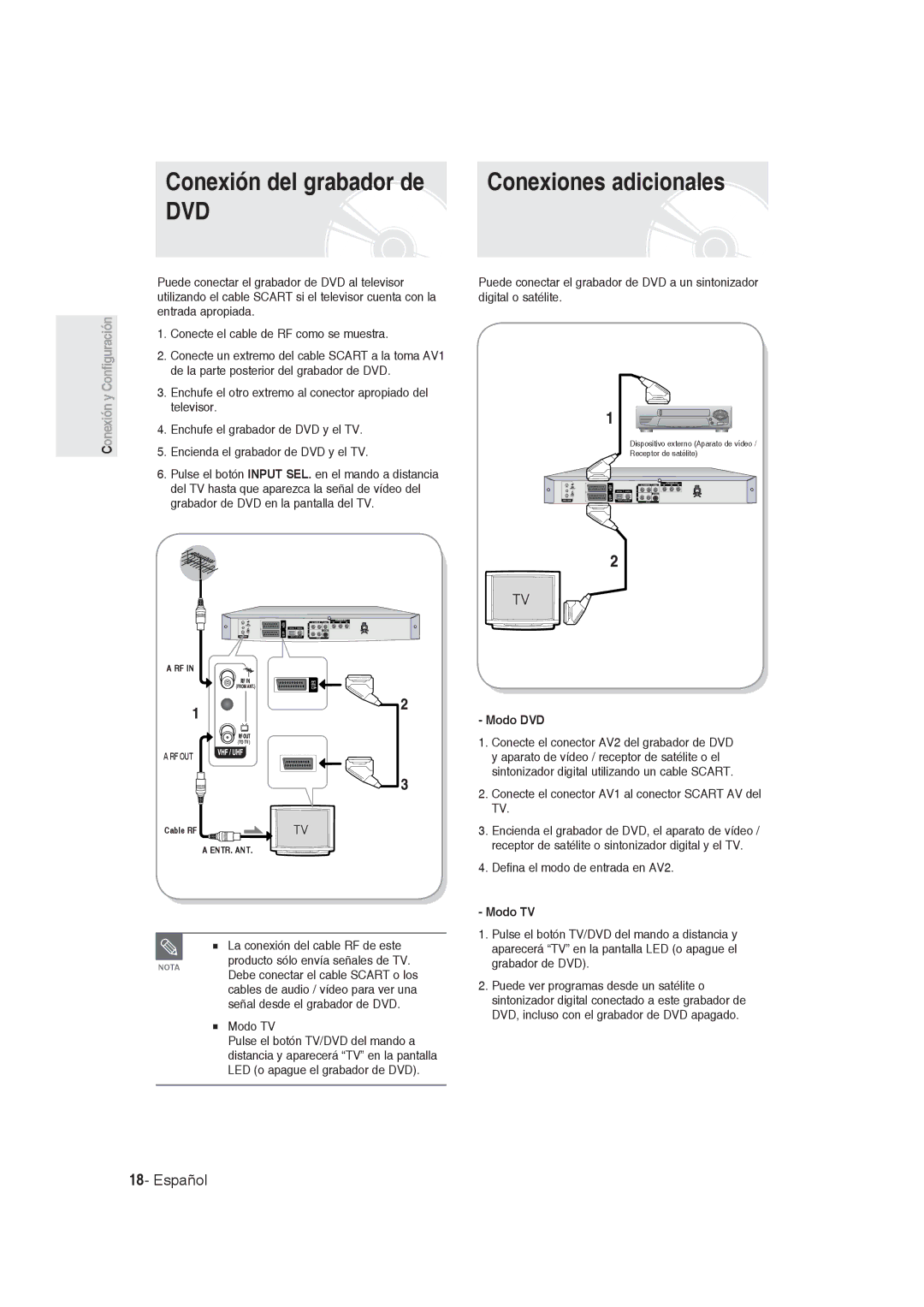 Samsung DVD-R130/XEU, DVD-R128/XET, DVD-R128/XEG manual Conexión del grabador de, Conexiones adicionales, Modo DVD, Modo TV 