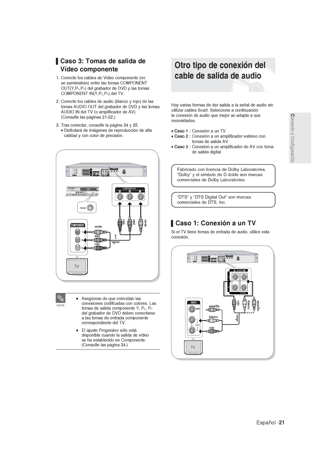 Samsung DVD-R128/XEC manual Otro tipo de conexión del cable de salida de audio, Caso 3 Tomas de salida de Vídeo componente 