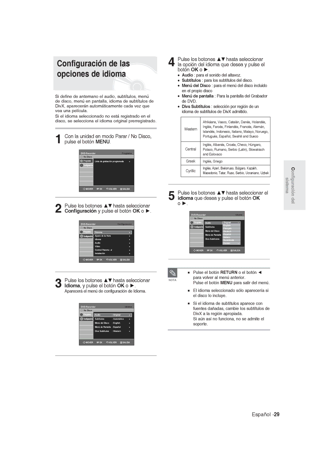 Samsung DVD-R130/XEG manual Configuración de las opciones de idioma, Aparecerá el menú de configuración de Idioma, Eslovaco 