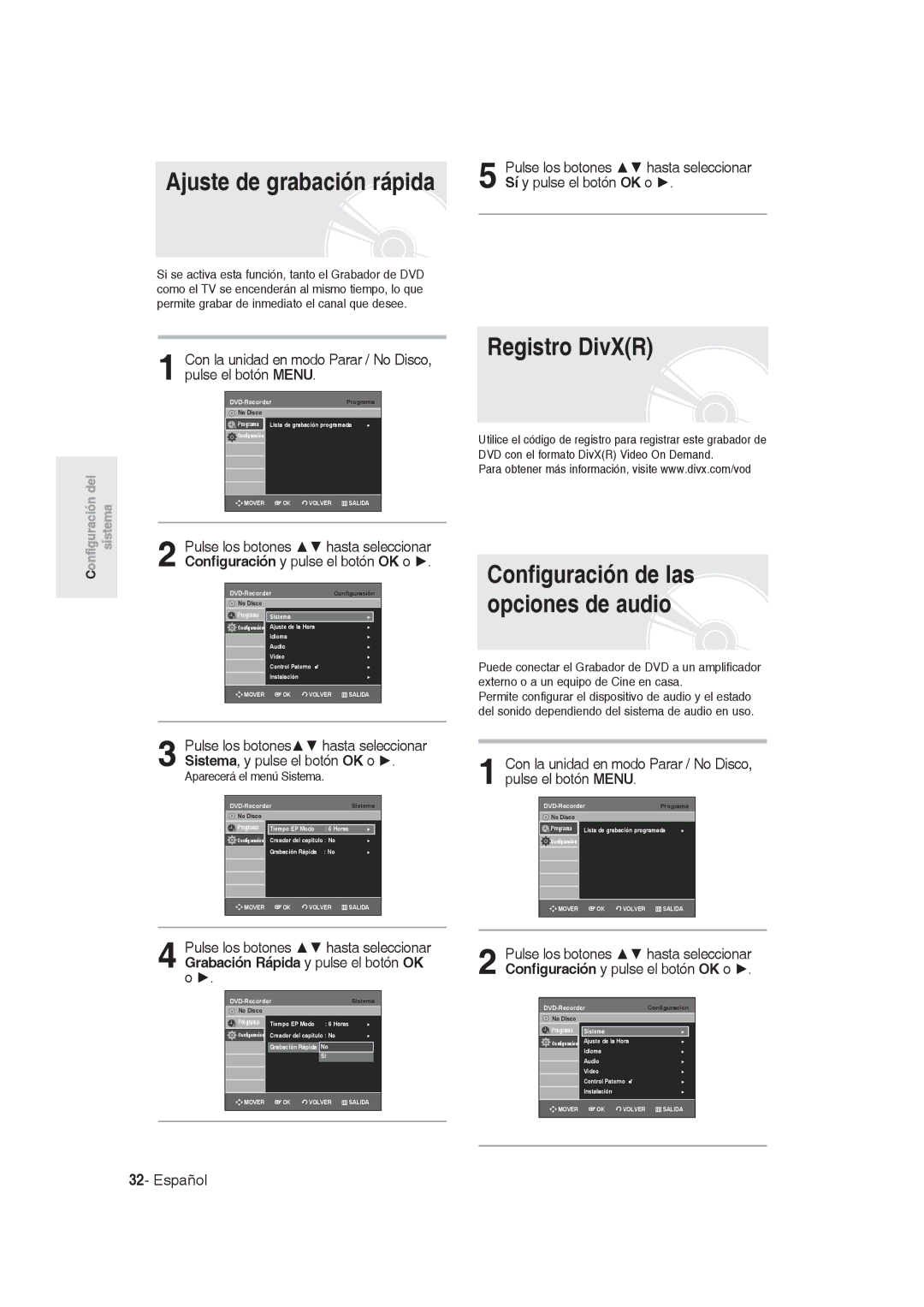 Samsung DVD-R128/XEF, DVD-R128/XET, DVD-R128/XEG, DVD-R129/XEG manual Registro DivXR, Configuración de las opciones de audio 