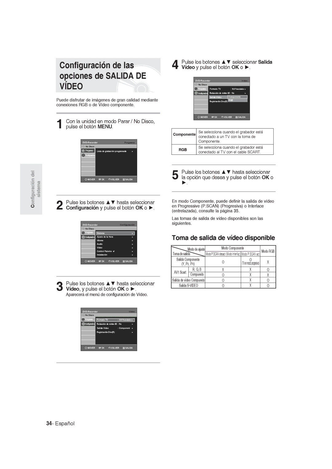 Samsung DVD-R129/XEO Configuración de las opciones de Salida DE Vídeo, Toma de salida de vídeo disponible, Modo Componente 