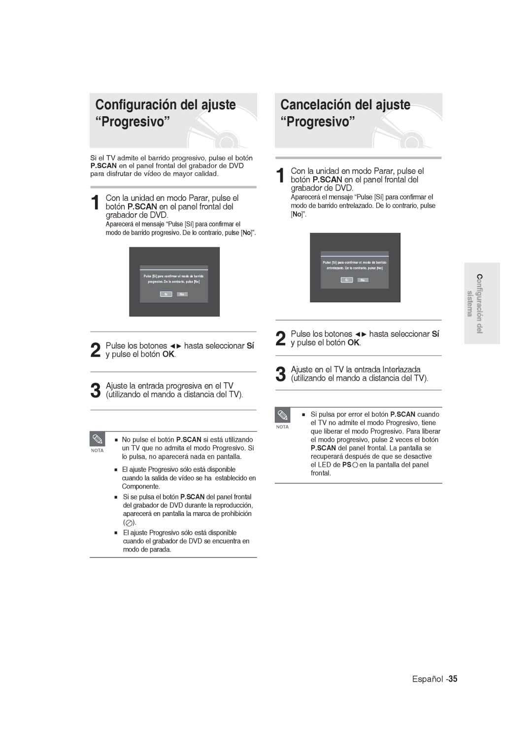 Samsung DVD-R129/EUR, DVD-R128/XET, DVD-R128/XEG Configuración del ajuste Progresivo, Cancelación del ajuste Progresivo 