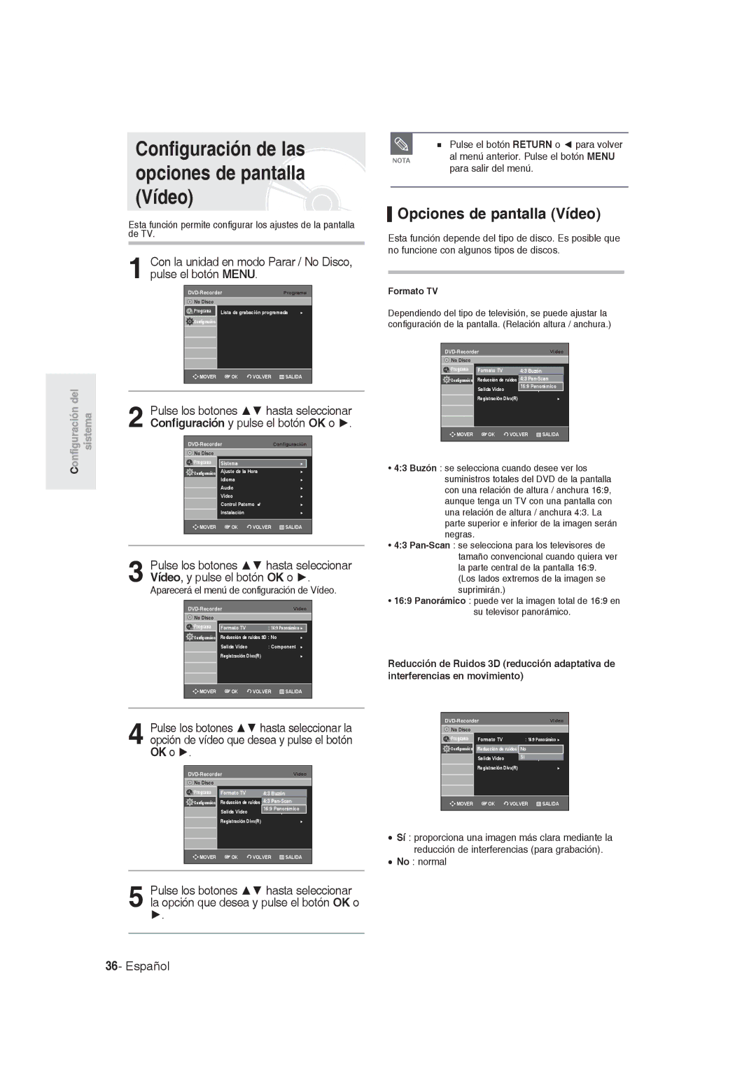 Samsung DVD-R128/XEN Configuración de las opciones de pantalla Vídeo, Opciones de pantalla Vídeo, Formato TV, No normal 