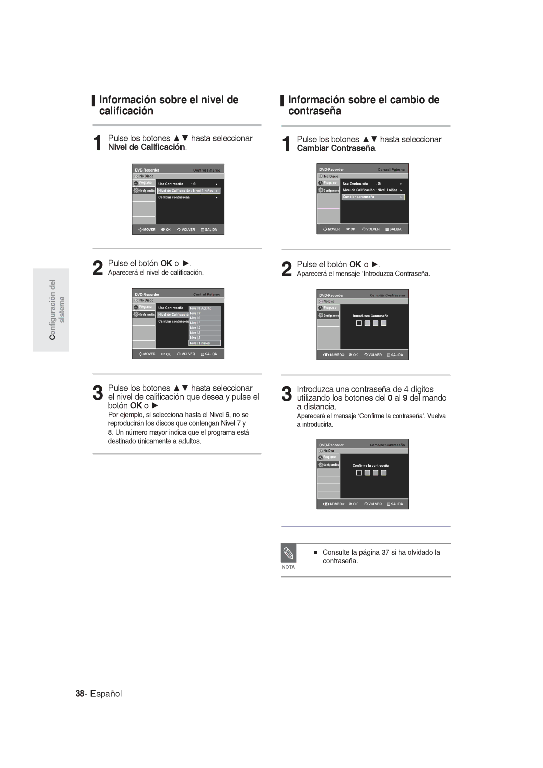 Samsung DVD-R129/XEN, DVD-R128/XET Información sobre el nivel de calificación, Información sobre el cambio de contraseña 