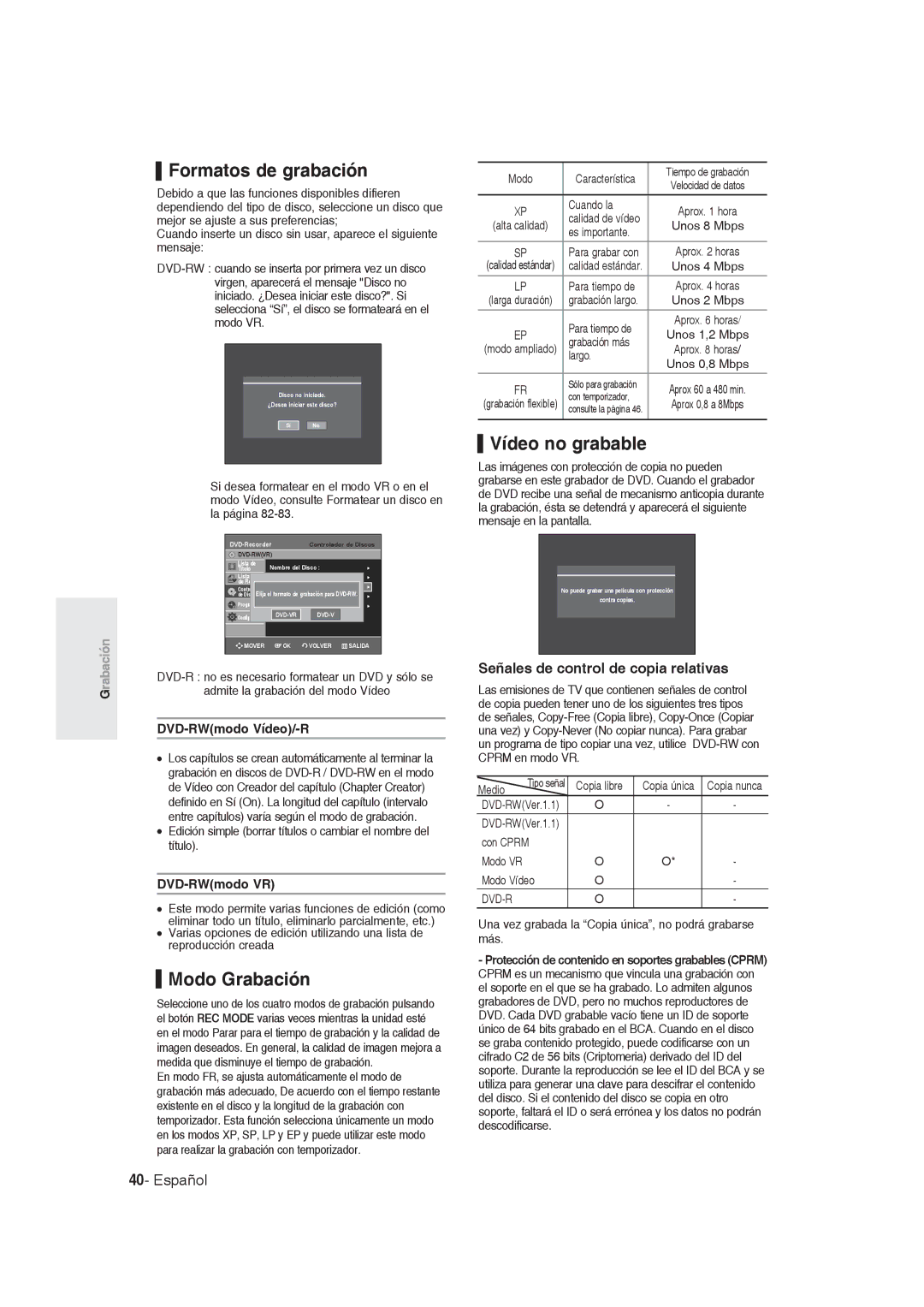 Samsung DVD-R129/XEE manual Formatos de grabación, Modo Grabación, Vídeo no grabable, Señales de control de copia relativas 