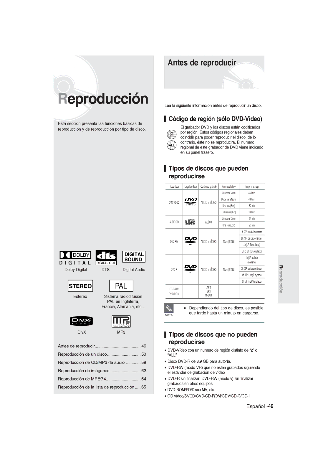 Samsung DVD-R130/EUR manual Antes de reproducir, Código de región sólo DVD-Video, Tipos de discos que pueden reproducirse 