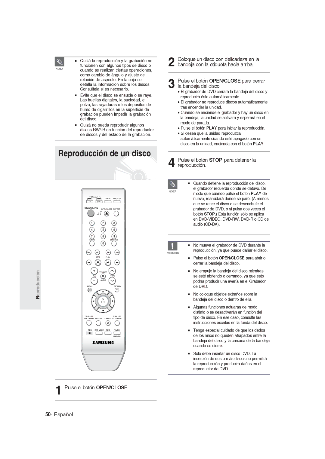 Samsung DVD-R128/XET Reproducción de un disco, Pulse el botón Stop para detener la reproducción, Pulse el botón OPEN/CLOSE 