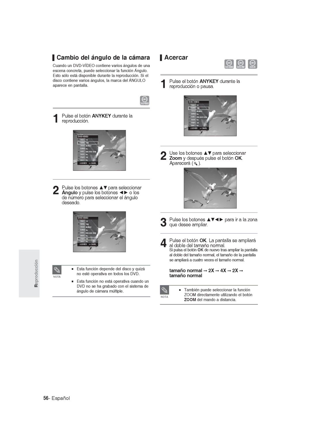 Samsung DVD-R129/XEF, DVD-R128/XET manual Cambio del ángulo de la cámara, Acercar, Tamaño normal 2X 4X 2X tamaño normal 