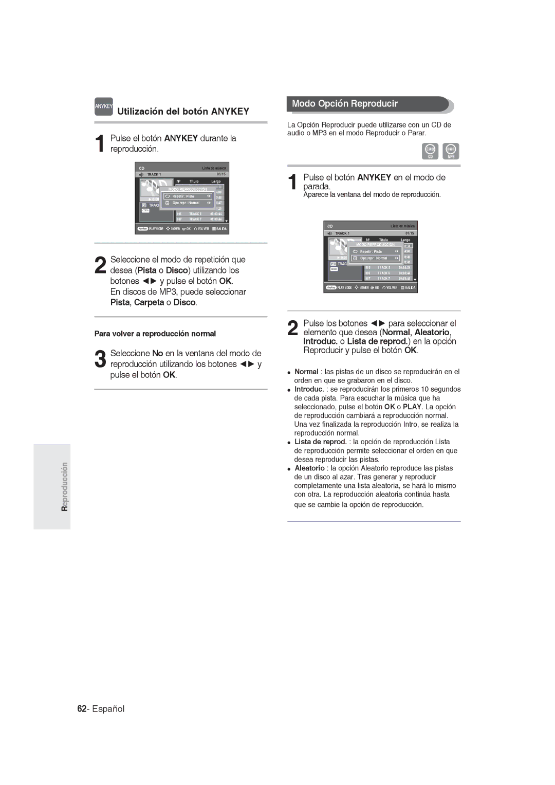 Samsung DVD-R130/XEN, DVD-R128/XET, DVD-R128/XEG manual Modo Opción Reproducir, Pulse el botón Anykey en el modo de parada 