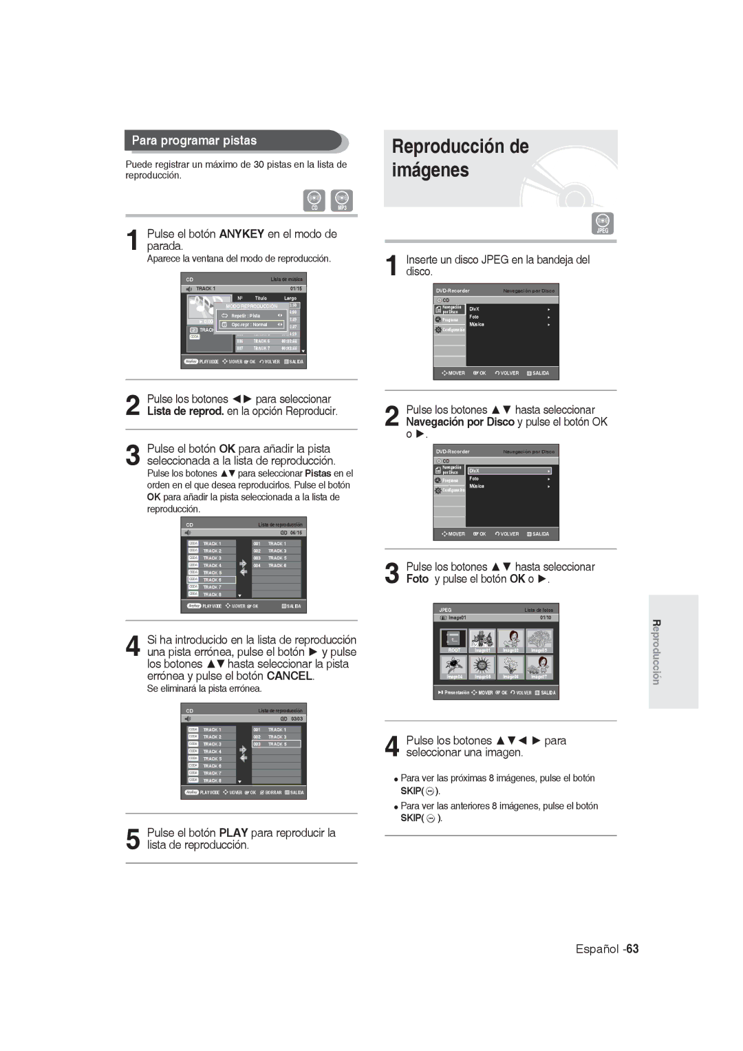 Samsung DVD-R129/XEN Reproducción de imágenes, Para programar pistas, Inserte un disco Jpeg en la bandeja del disco, Skip 