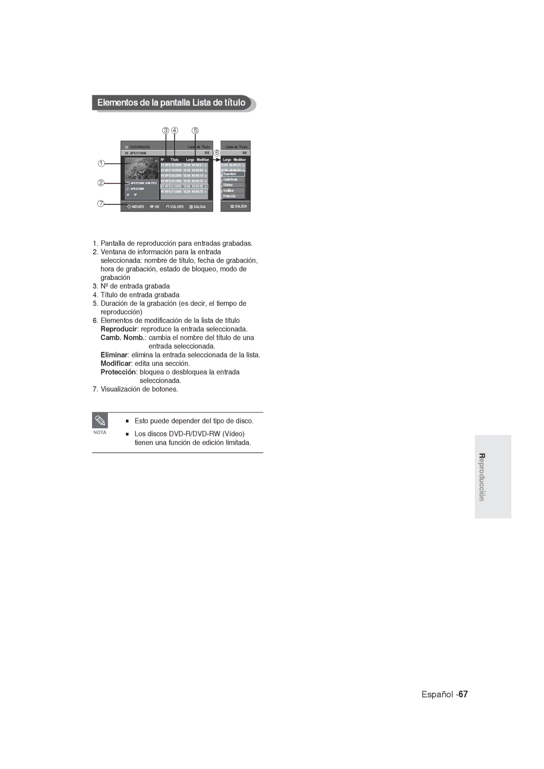 Samsung DVD-R128/XEU, DVD-R128/XET, DVD-R128/XEG Elementos de la pantalla Lista de título, Los discos DVD-R/DVD-RW Vídeo 