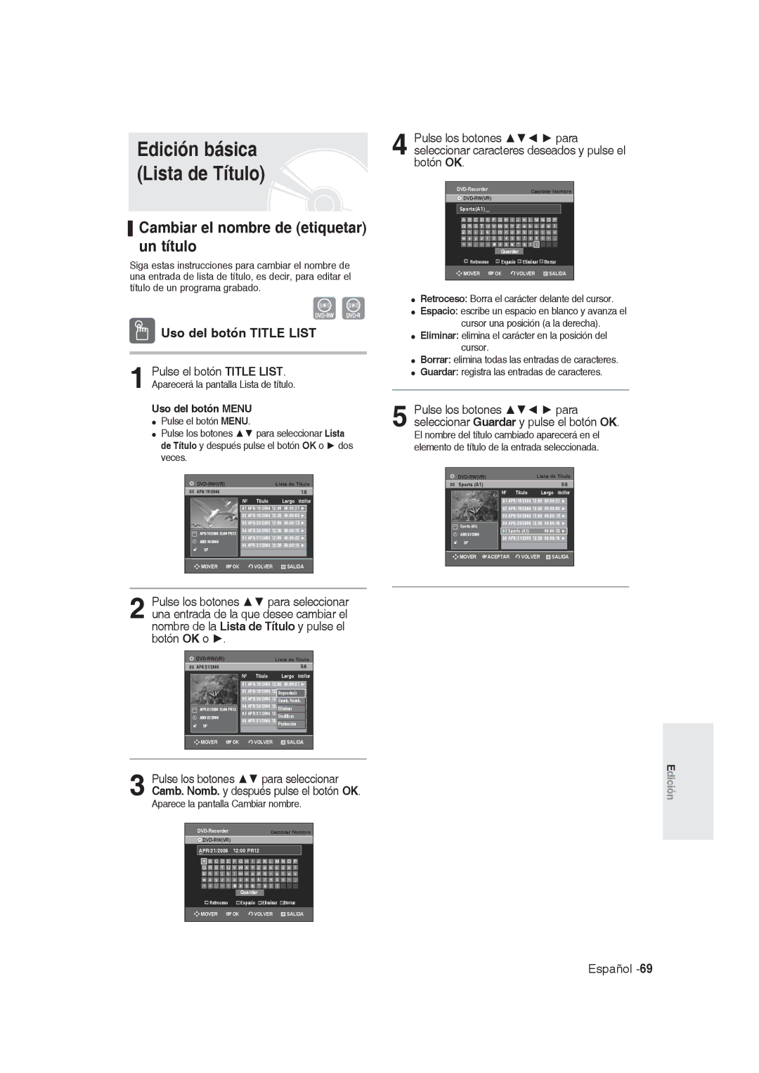 Samsung DVD-R130/XEC Edición básica Lista de Título, Cambiar el nombre de etiquetar un título, Uso del botón Menu, Veces 