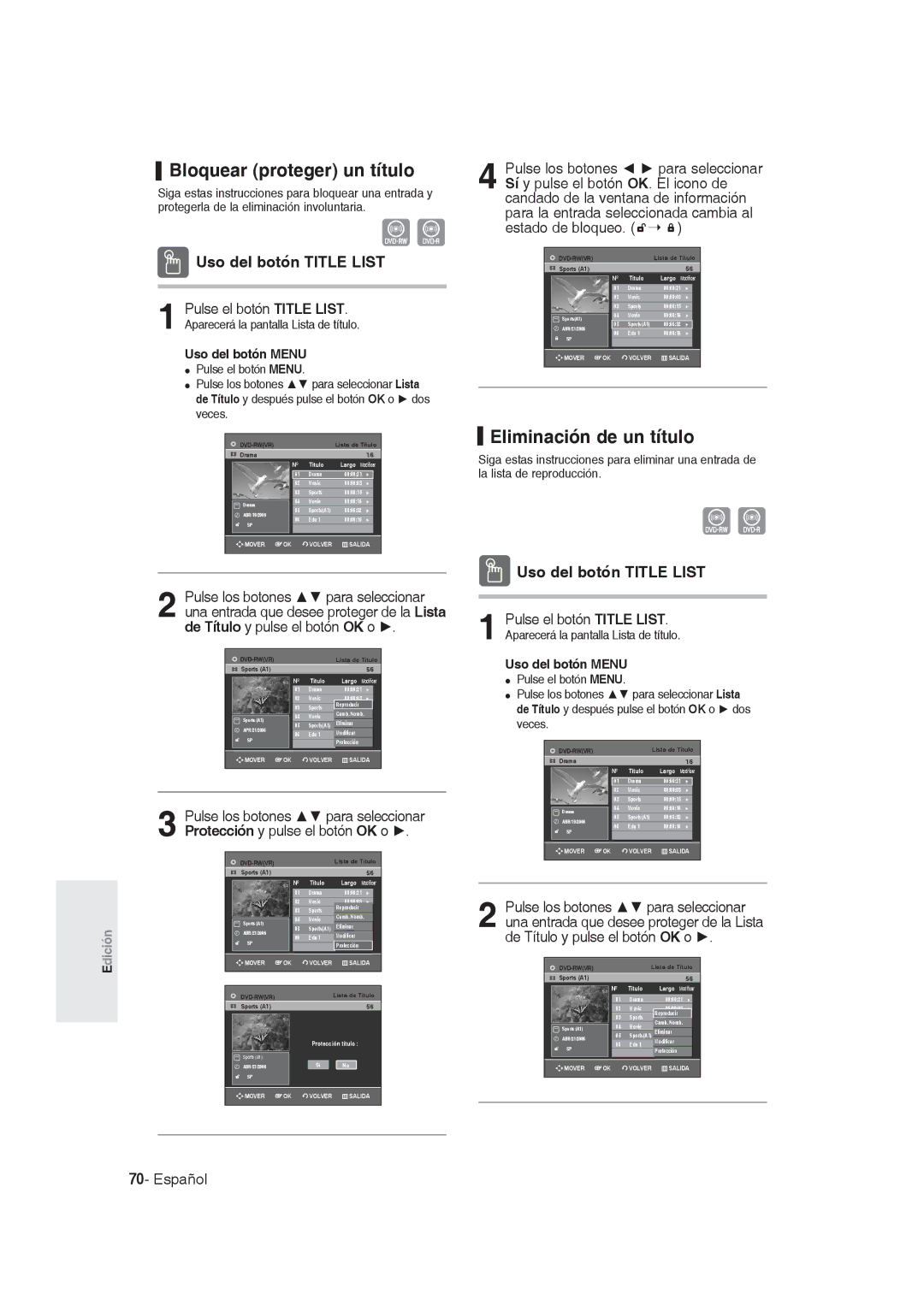 Samsung DVD-R129/XEC, DVD-R128/XET Bloquear proteger un título, Eliminación de un título, De Título y pulse el botón OK o 