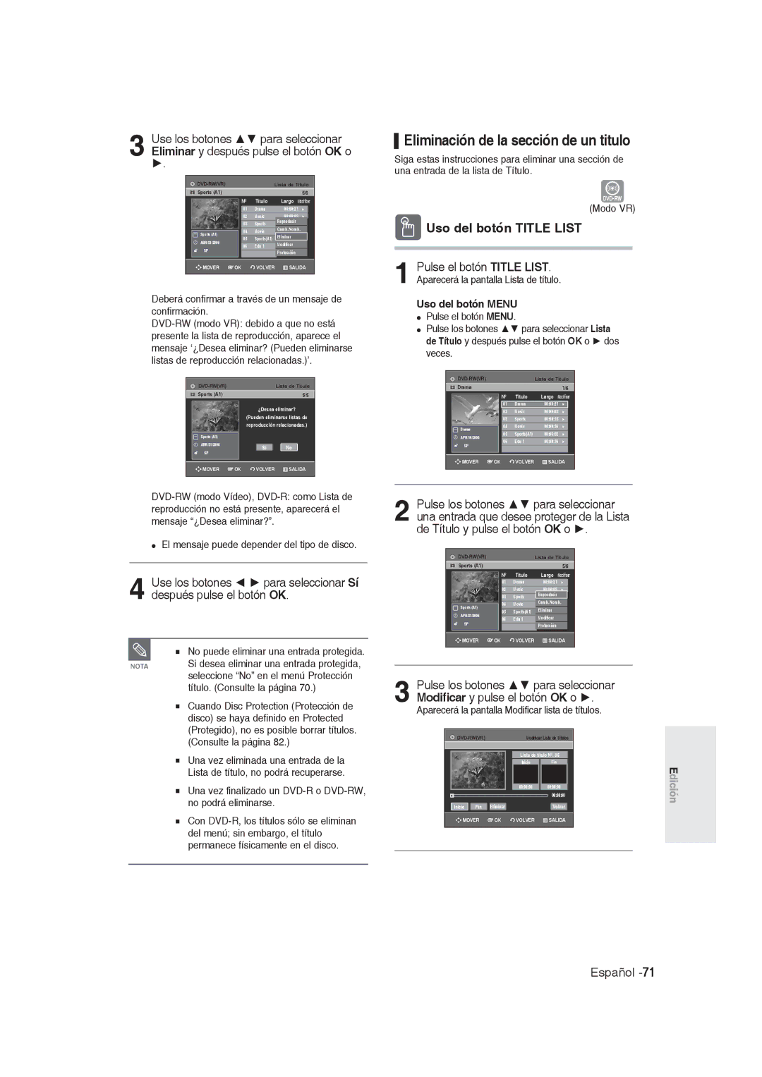 Samsung DVD-R128/XEC, DVD-R128/XET, DVD-R128/XEG, DVD-R129/XEG manual Deberá confirmar a través de un mensaje de confirmación 