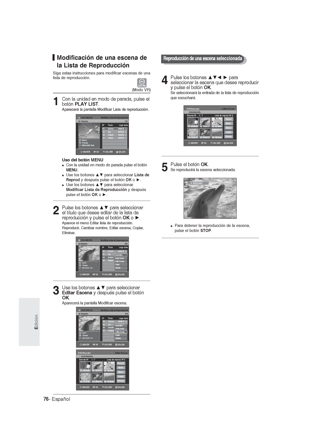 Samsung DVD-R128/XEG manual Modificación de una escena de la Lista de Reproducción, Reproducción de una escena seleccionada 