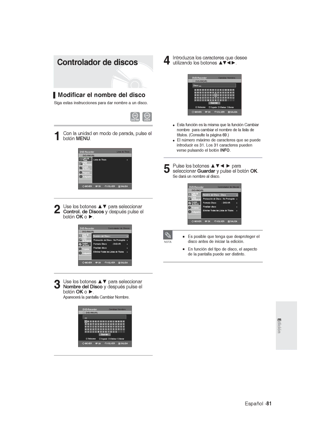 Samsung DVD-R129/XEF, DVD-R128/XET Controlador de discos, Modificar el nombre del disco, Disco antes de iniciar la edición 