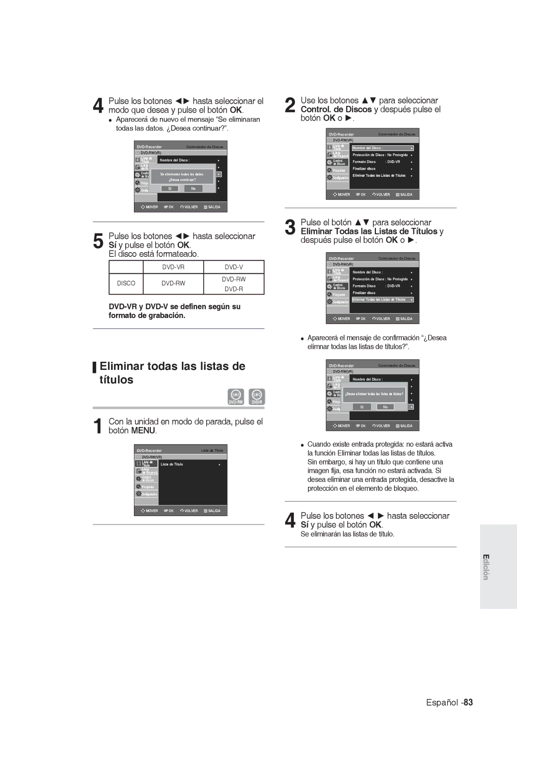 Samsung DVD-R129/XEU manual Eliminar todas las listas de títulos, DVD-VR y DVD-V se definen según su formato de grabación 