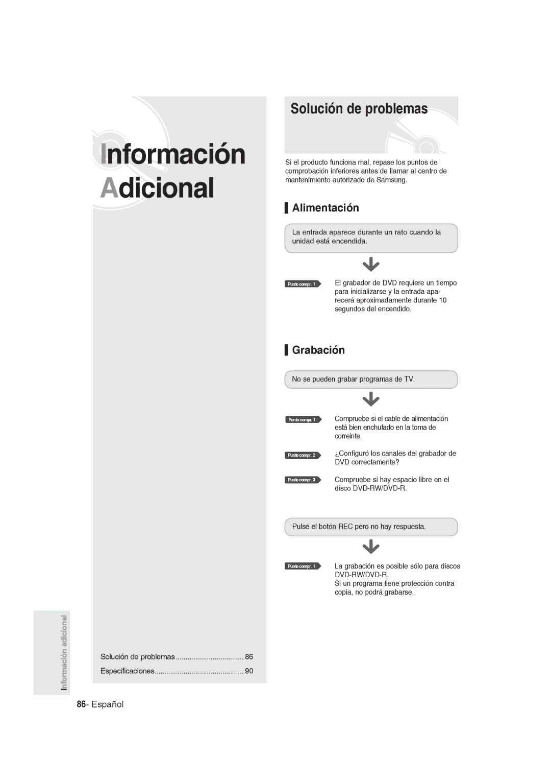 Samsung DVD-R128/XEN, DVD-R128/XET, DVD-R128/XEG, DVD-R129/XEG, DVD-R129/XEB Solución de problemas, Alimentación, Grabación 