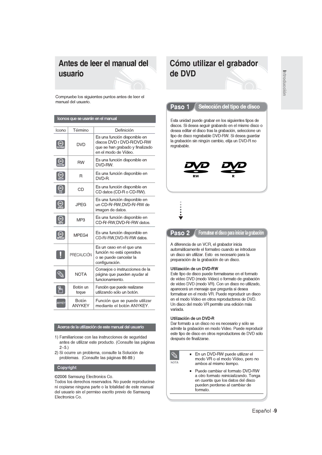 Samsung DVD-R129/XEO Antes de leer el manual del usuario, Cómo utilizar el grabador de DVD, Utilización de un DVD-RW 