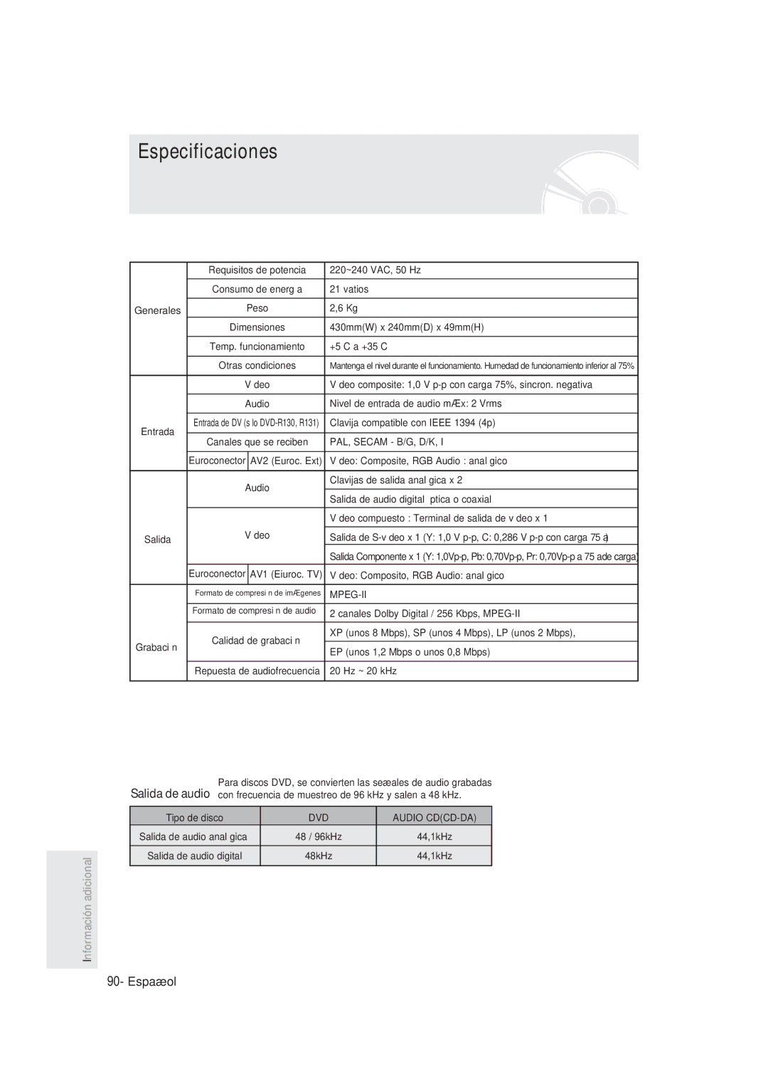 Samsung DVD-R129/XEE, DVD-R128/XET, DVD-R128/XEG, DVD-R129/XEG, DVD-R129/XEB, DVD-R130/XEG, DVD-R128/XEB manual Especificaciones 