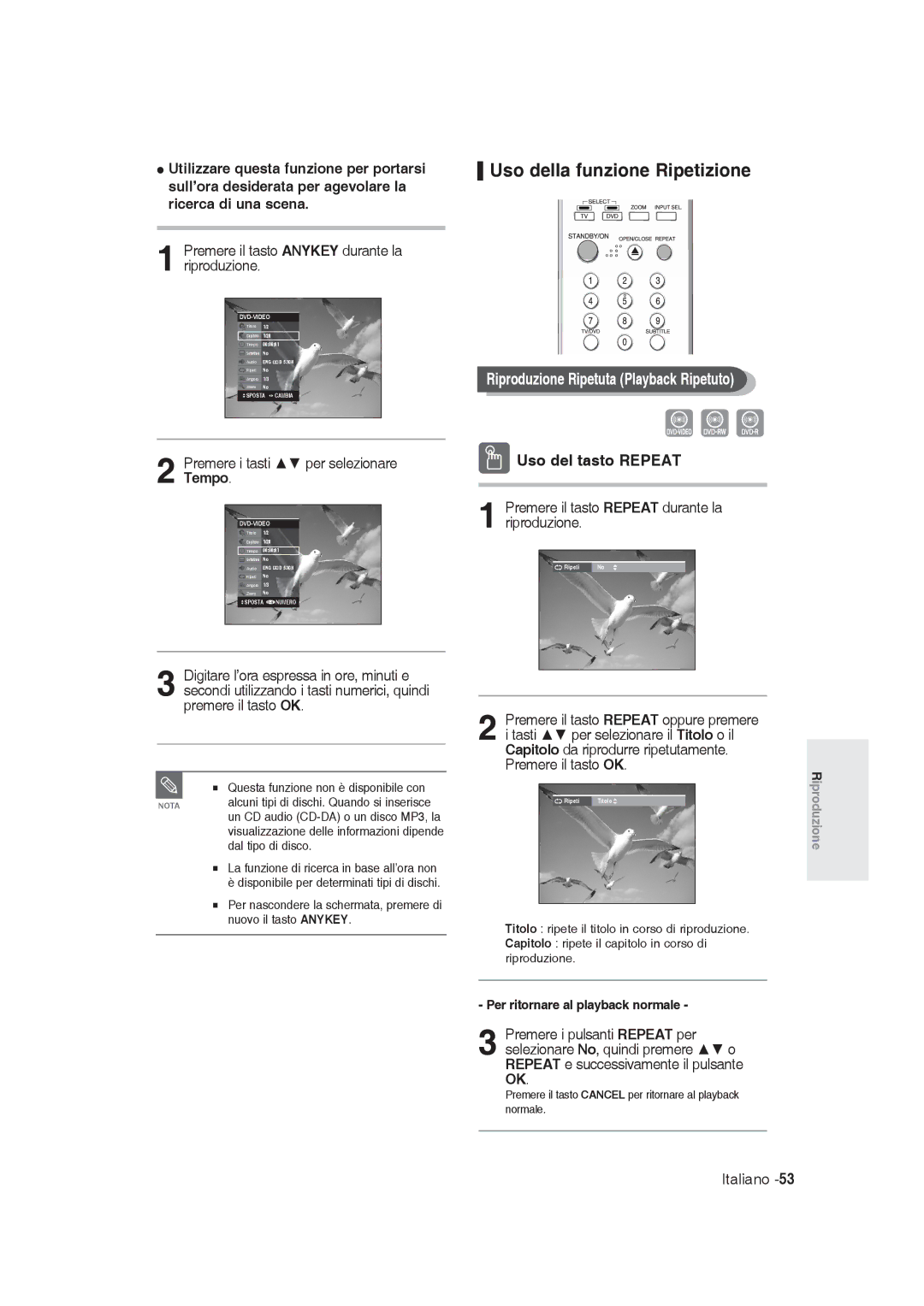 Samsung DVD-R131/XET manual Uso della funzione Ripetizione, Riproduzione Ripetuta Playback Ripetuto, Uso del tasto Repeat 