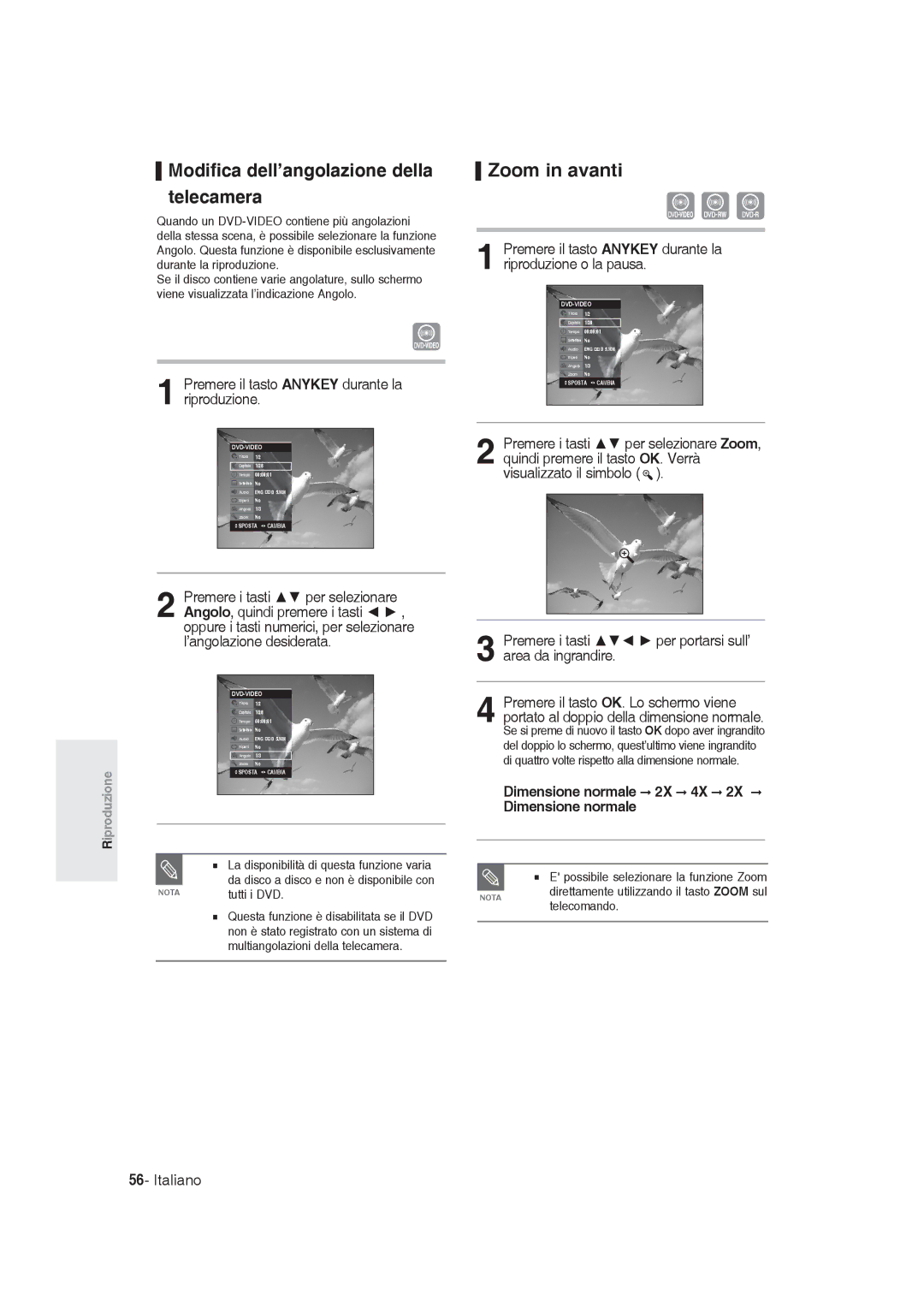 Samsung DVD-R128/XET, DVD-R131/XET manual Modifica dell’angolazione della telecamera, Zoom in avanti 